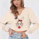 Women's Easter Bunny Sweatshirts Long Sleeve V Neck Cropped Cute Rabbit Shirts Graphic Top (Beige, XL)