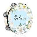 Fiada Tambourines for Adults 10 Inch Church Christian Flowers Dance Tambourine Double Row Jingle Bible Hand Bell Drum for Church Pray Party Percussion Musical Instrument Hand Bell Clap Drum (Believe)