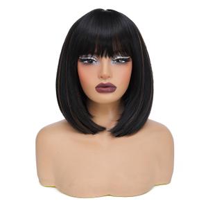 Black Mix Brown Bob Wig with Bangs for Women Natural Looking Heat Resistant Synthetic Wig for Party Daily Cosplay Costume Wig Use 12 Inch