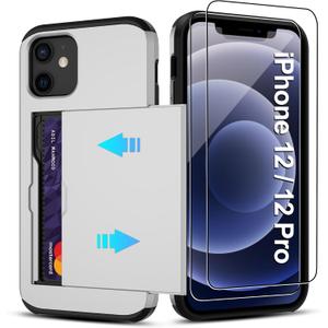 Pilaru for iPhone 12 Pro Case,iPhone 12 Case with Card Holder【2 Pcs HD Screen Protector】 Slim Heavy Duty Dual Layer Shockproof Design【Hidden Card Slot 】 Wallet Case for iPhone case 12/12 pro