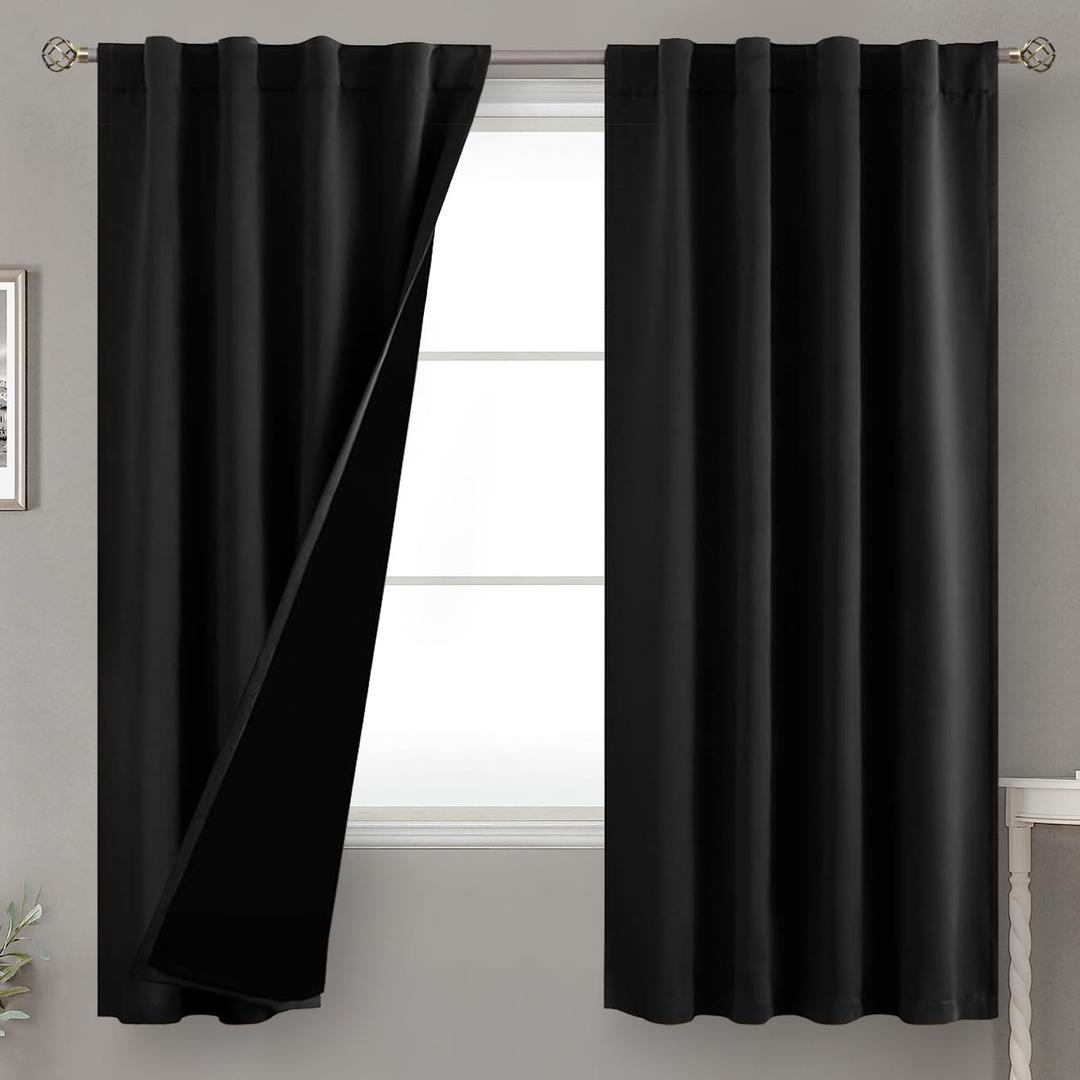BGment Black 100% Blackout Curtains 63 Inches Long with Thermal Insulated Liner, Rod Pocket and Back Tab Double Layer Full Room Darkening Window Curtain for Bedroom, 2 Panels,Each 38 x 63 Inch