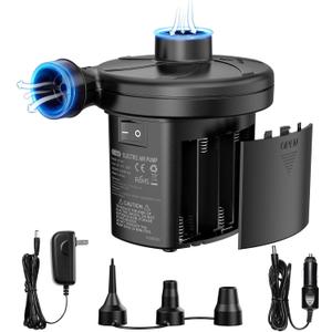 Air Mattress Pump, 3 Ways Powered Portable Electric Air Pump with 3-Nozzle AC 110V, DC 12V, Battery Operated Quick-Fill Inflator Deflator for Inflatable Pool Float Air Bed Boat Swimming Ring