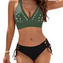Blooming Jelly Women's Bikini Set Two Piece Swimsuit Modest Bathing Suit Petal Hollow V Neck Top String Mid Rise Bottom (Medium, Black and Green)