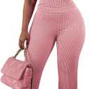 HBQ Women Two Piece Outfit Ribbed Short Sleeve V Neck Polo Top and Flare Pants Casual Lounge Sets Tracksuit (Medium, Pink)