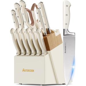 Knife Set,Astercook Kitchen Knife Set with Block 14-Piece Full Tang Stainless Steel Knives with Sharpener Dishwasher Safe and Anti-Slip Ergonomic Handle Elegant Cream White Utensils Set