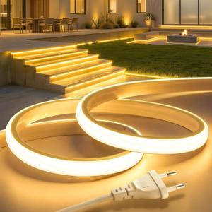 Lamomo COB LED Strip 20 m, Outdoor 3000 K Warm White LED Strip, Waterproof Silicone Neon LED Strip 5760 LEDs, CRI 95+, Flexible, 10 mm Wide, 220 V Direct Plug for Outdoor Garden Commercial Decoration [Energy Class C]