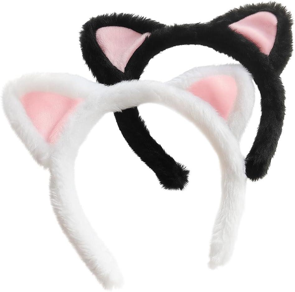 Ajdvart Cat Ears Headband 2Pack Plush Fuzzy Headbands for Cosplay, Makeup, Yoga, Spa & Photo Props One Size Fits Most