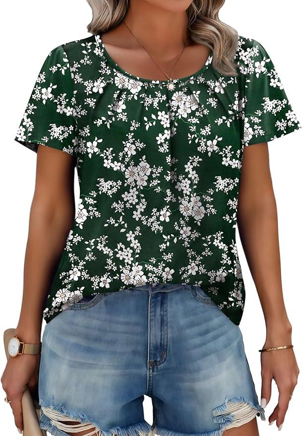 Zeagoo Women's Summer Tunic Tops Short Sleeve Floral Boho Casual T Shirts Pleated Crewneck Flowy Relax Fit Soft Blouses, Large