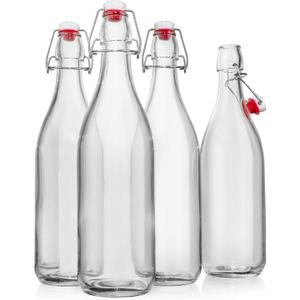Swing Top Glass Bottles [1 Liter / 33 fl. oz.] [Pack of 4] Flip Top Coquito Bottles for Kombucha, Fermentation, Beer, Kefir, Wine Airtight Stopper Lids with Extra Gaskets, Funnel, Labels & More