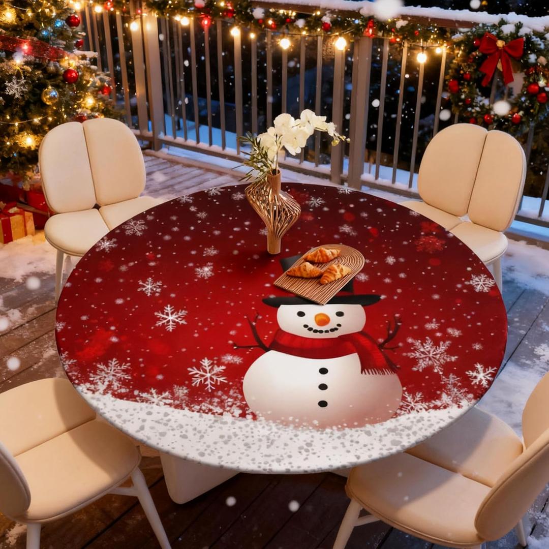 Round Tablecloth with Elastic Winter Snowman Round Elastic Tablecloth Waterproof Wipeable Circle Table Cloth for Home Outdoor, Fits 45"-50" Tables