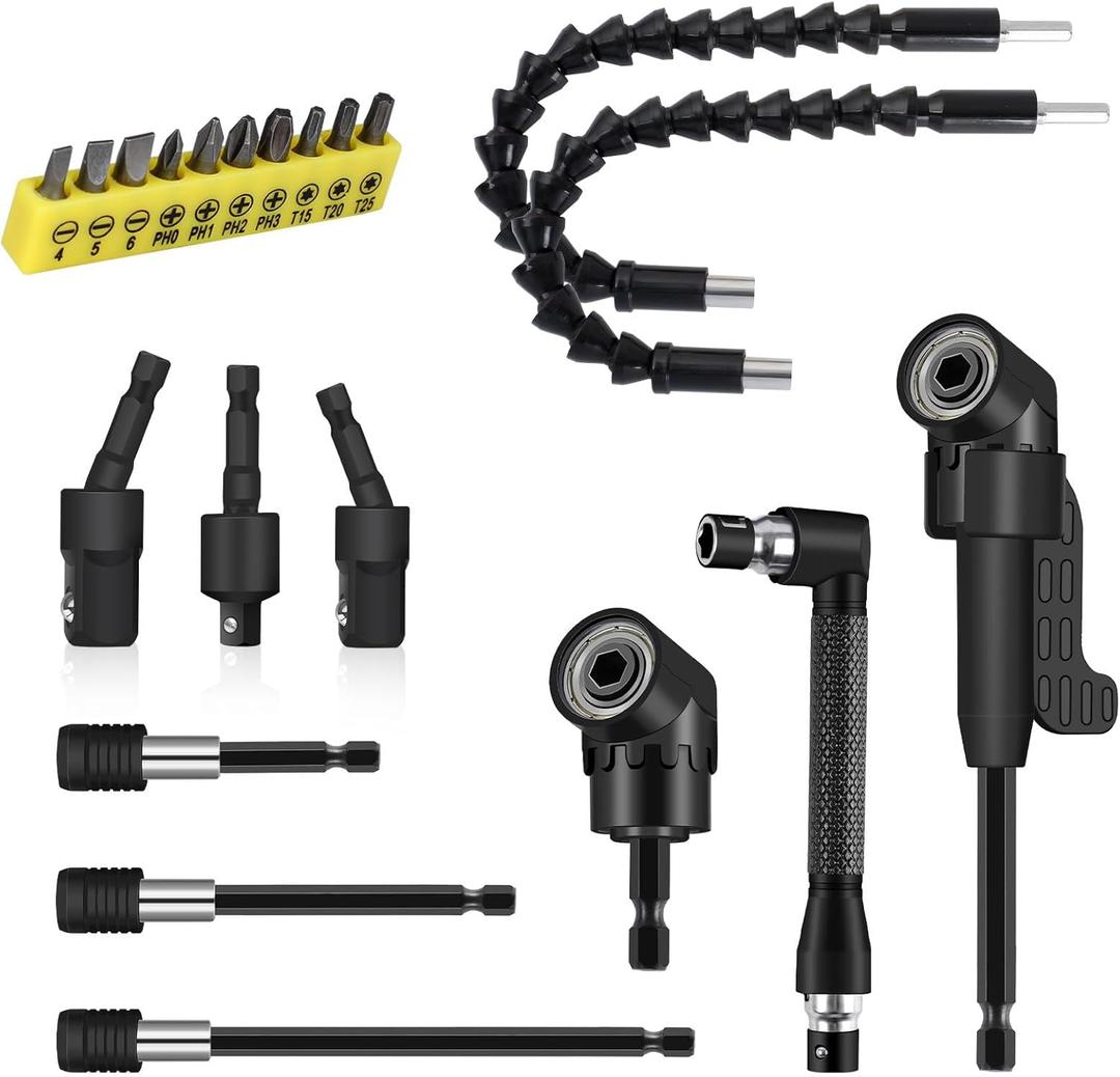 21 Pcs Right Angle Drill Attachment Set Includes 2Pcs Flexible Drill Bit Extension 3Pcs 360 Rotatable 1/4 3/8 1/2" Impact Grade Socket Adapter 3Pcs Drill Bit Holder 10 Short Screwdriver Bits