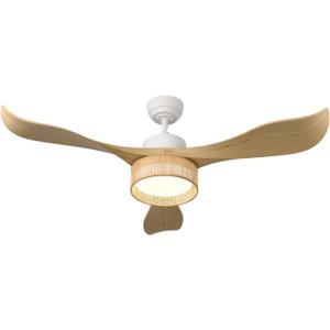 52 inches LED Bamboo DC Ceiling Fan with Light Fixture and Remote Control,Boho Wooden Bohemian Dimmable Rattan Wicker Fandelier for Indoor,Outdoor,Bedroom,Living room,Dining room