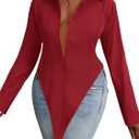 OPOIPIN Women's Collar V Neck Button Down Long Sleeve Slim Fit Slit Hem Shirt Blouse Top (S)