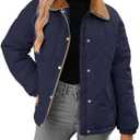 Dokotoo Women's Winter Casual Quilted Jackets Long Sleeve Button Down Puffer Jacket Padded Outerwear Coats (Medium, Navy Blue)