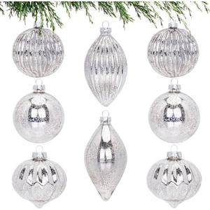 WHGJ 7 Pcs Large Silver Mercury Glass Christmas Ball Ornaments Set, Assorted 3.15''-5'' Hanging Baubles for Christmas Tree, Vintage Decorations for Winter Holiday Xmas Tree Decor
