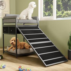 kepptory Dog Window Perch with Stairs and Storage, Bunk Dog Bed with Folding Pet Ramp for Dogs Cats, Pet Sofa Chair with Pet Stairs Ramp for Office