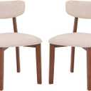 Mid-Century Modern Dining Chairs Set of 2, Upholstered Mid-Back Armless Padded Side Chairs w/Solid Wood Frame, Linen Fabric Curved Backrest Kitchen Living Room Accent Chairs (Beige + Walnut)