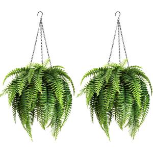 2 Set Fake Ferns with Hanging Baskets, Realistic Fake Hanging Plants, UV Resistant Artificial Ferns Outdoor Faux Plants for Front Porch Patio Garden Home Dcor, No Assembly Required