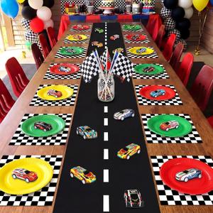 73 Pcs Race Car Party Supplies Set Include Paper Plates Checkered Placemats Road Table Runner and Mini Race Car Racing Birthday Party Decorations for Racing Track Celebrations