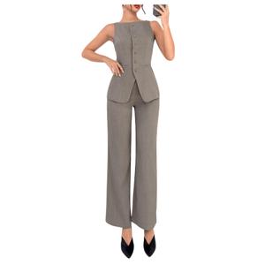 SOLY HUX Women's 2 Piece Business Casual Outfit Button Down Boat Neck Sleeveless Vest and Pants Set Khaki Large