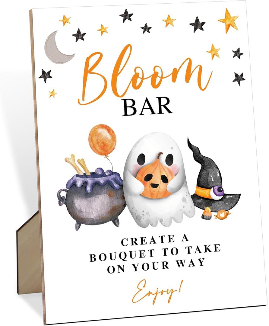2 x Bloom Bar Sign A Little Boo Is Almost Due Halloween Baby Shower Decorations, 5.6x 7.8" Halloween Cauldron Ghost Moon Wooden Table Sign for Flower Bar Birthday Baby Shower Activities
