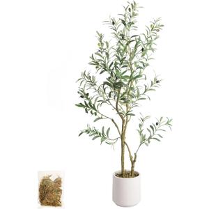 Artificial Fake Olive Tree 4FT Tall 1Pack with White Planter Faux Silk Olive Tree for Home Living Room Office Decor Faux Artificial Plants Indoor with Fruit & Free Moss