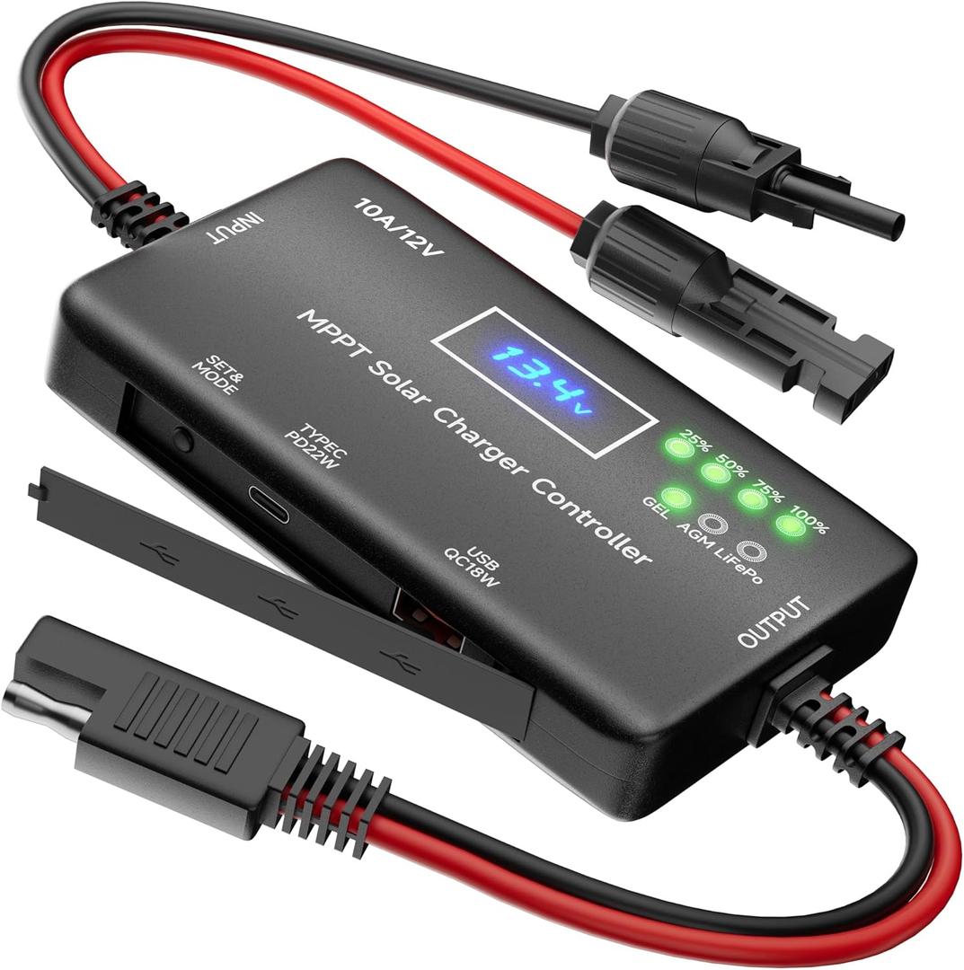 MPPT Solar Charge Controller 12V 10A, Solar Panel Charge Controller with Type-C and USB Output for Solar Panel and Gel, AGM, LiFePO Battery