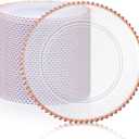 Hoolerry 50 Pack Clear Charger Plates Bulk 13 Inch Plastic Round Beaded Dinner Chargers Acrylic Frosted Grain Decorative Service Plates for Wedding Party Event, Home and Kitchen Tabletop (Rose Gold)