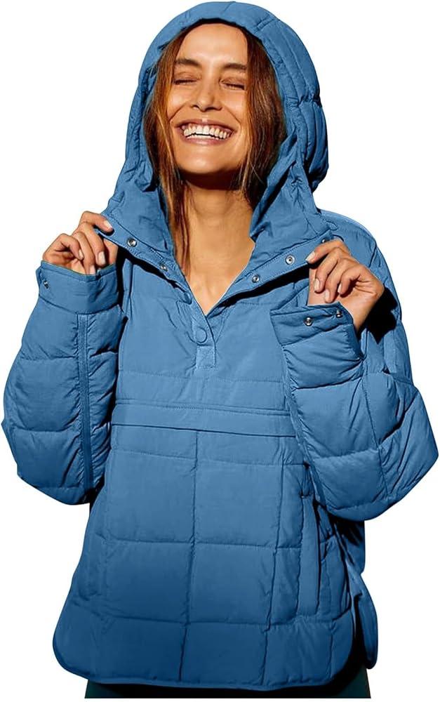 Women's Pullover Puffer Jacket Hooded Oversized Lightweight Quilted Jacket Winter Warm Padded Coat L