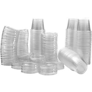 1 oz Containers with Lids | Disposable Plastic Jello Shot Cups | Small Clear Plastic Condiment Cups For Sauce, Souffle, Salad Dressing, Portion Control, Pack of 100