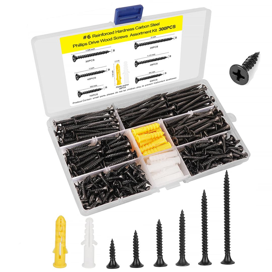 #6 Wood & Drywall Screw Kit 300 Pcs, Phillips Self Tapping Flat Head, Black