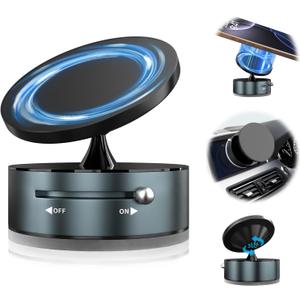 2 x 360 Rotatable Vacuum Magnetic Phone Holder for Car, One-Hand Operation Suction Phone Mount, Strong Magnetic Car Phone Stand for iPhone, All Smartphones (Gym/Airplane/Gym/Desktop/Any Surface) (Gray)