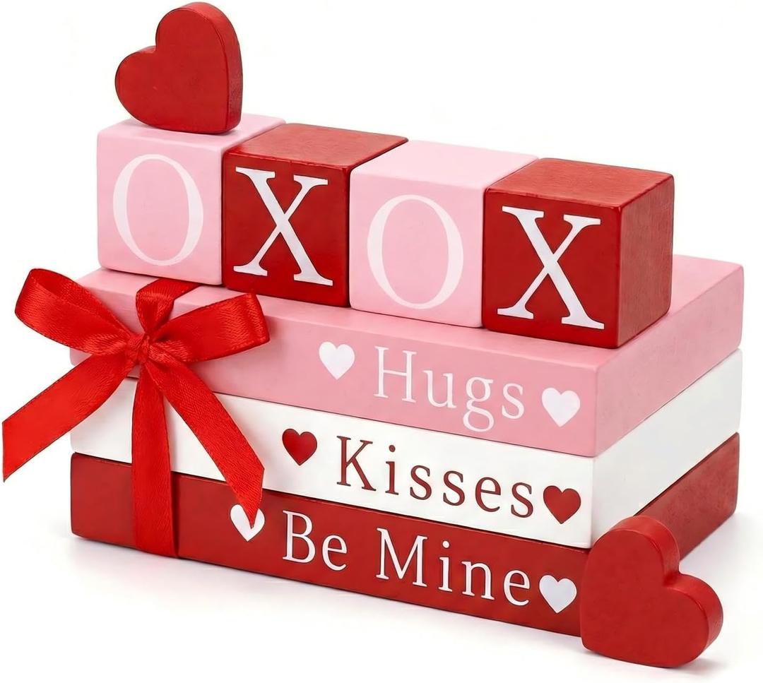 Romantic Wooden Block Decor Set, XOXO Love Sign with Hugs Kisses Be Mine Blocks & Heart Accents, Farmhouse Tiered Tray Table Decor for Home, Wedding, Anniversary, Couple Gift