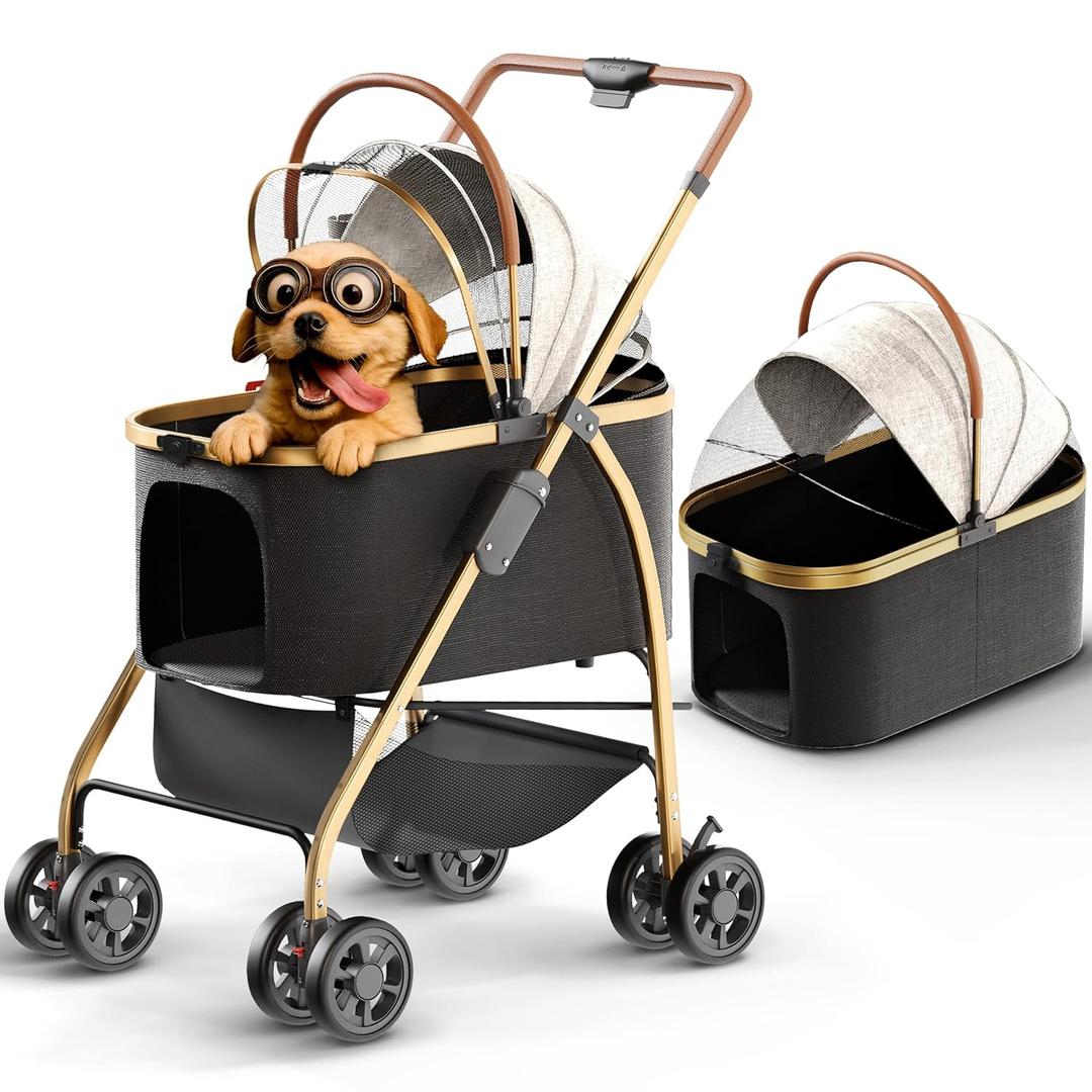 Pet Stroller for Small Medium Dogs & Cats  2-in-1 Detachable Carrier, Zipperless Entry, Lightweight Folding Travel Stroller with Storage Basket, Cup Holder, Black&Beige