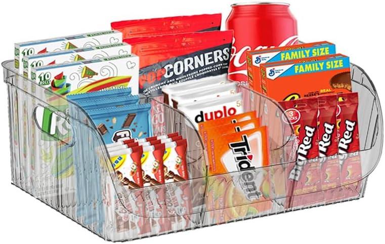 Large Snack Organizer for Countertop, Plastic Pantry Organizer and Storage Bin for Kitchen, 6 Compartment Food Container Snack Bar with Dividers, Chip Packet Holder for Office(Clear Black)