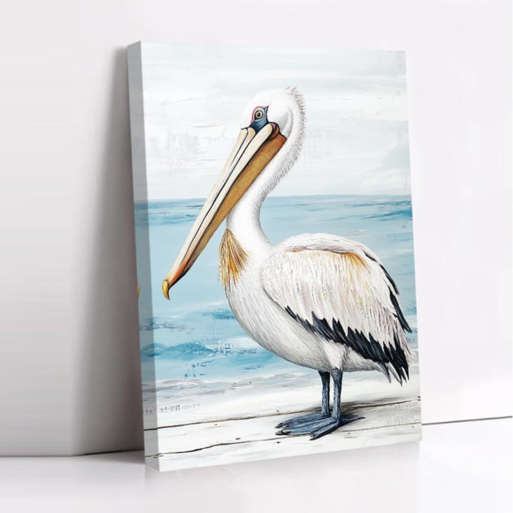 CCWORKERRY Pelican Picture Bathroom Wall Art Bathroom Coastal Pelican Canvas Prints Ocean Bird Painting Nautical Theme Lake House Decor Framed(Blue,16" x 24")