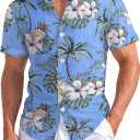 Weecreeture Floral Hawaiian Shirt for Men Summer Button Up Shirt Short Sleeve Mens Beach Tropical Casual Aloha Shirt (Blue, XXXL)