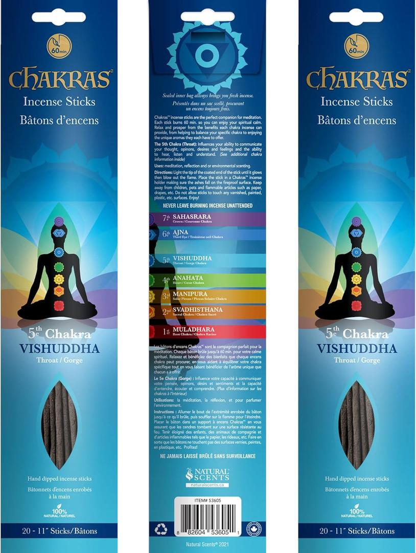 7 Chakras - 5 Vishuddha - Throat - Communication - Primary Aromas are Frankincense & Peppermint - 11 inch - 60 Minutes - 3X 20-Pack - 100% Natural Hand Dipped Incense Sticks 7 Chakras - 5 Vishuddha - Throat - Communication - Primary Aromas are Frankincense & Peppermint - 11 inch - 60 Minutes - 3X 20-Pack - 100% Natural Hand Dipped Incense Sticks