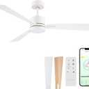 Bali Smart 3-Blade 52in Ceiling Fan 2700K-6000K CCT Selectable LED Light Kit with Remote Control and White Hardware with Reversible Blades in Natural Wood or White Works With iOS or Android App