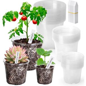 Clear Nursery Pots with Drainage Holes-36 Pack 3/4/5Inch Transparent Plastic Plant Pots for Seed Starting, High Visibility Root Growth Monitoring&36Plant Labels (Transparency-no Lid, 3/4/5in-36p)