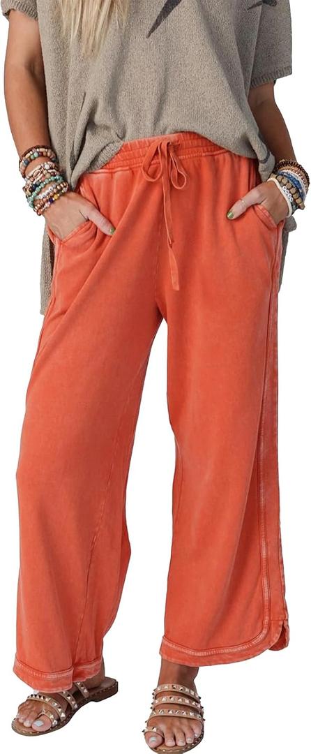 Womens Wide Leg Pants Casual High Waisted Palazzo Pants Lightweight Summer Flowy Beach Pants with Pockets, Size: Medium