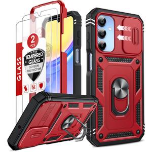 LeYi Compatible for Samsung Galaxy A15 5G Case: A15 Screen Protector with A15 5G Telephone Case, Metal Stand Heavy Duty Shockproof para Mobile Smart Cell Phone Cover Galaxy A15 5G, Red+Black