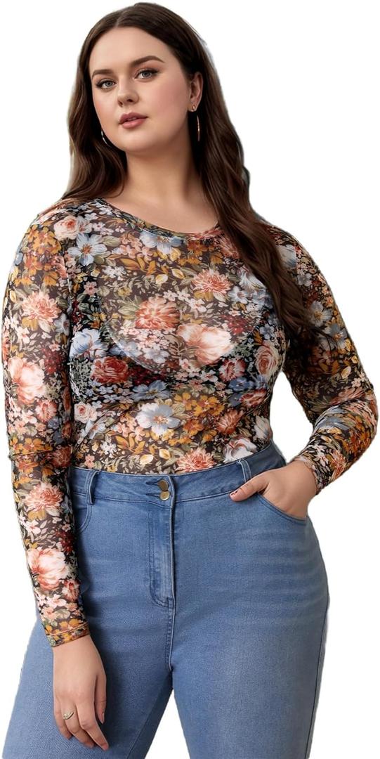 WDIRARA Women's Plus Size Floral Print Sheer Mesh Top Round Neck Long Sleeve Blouse (3X-Large Plus, Multicolor)