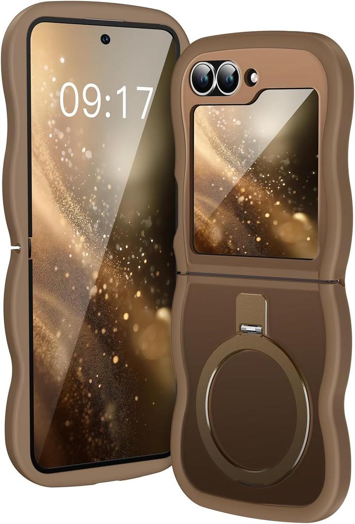 [Magnetic Stand & Wave Frame] Case for Samsung Galaxy Z Flip 6/5 [Fit for MagSafe] [Military Drop Protective] Not Yellowing Translucent Z Flip 6/5 Phone Ring Cover for Women Men 6.7" Desert Gold