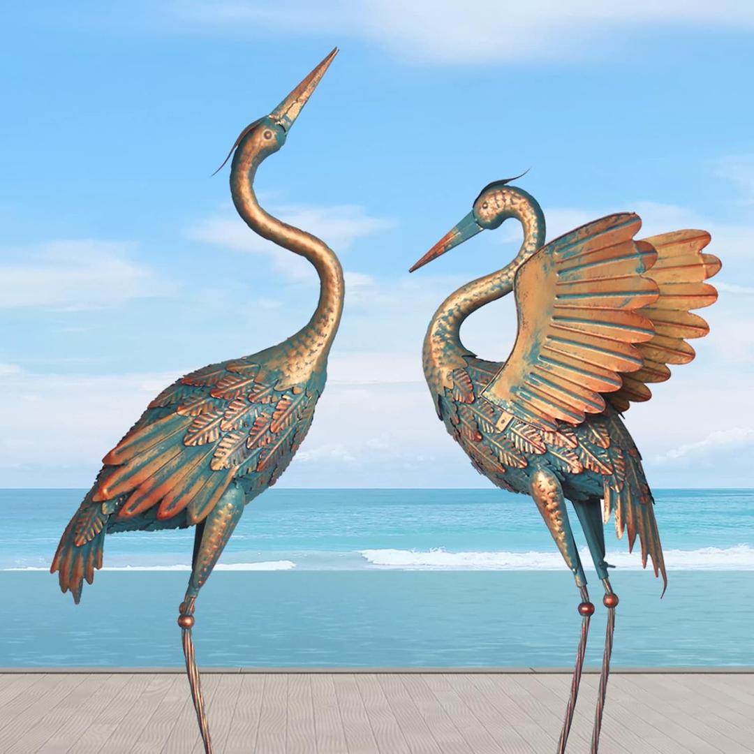 33-37 Inch Metal Crane Garden Statue Dcor, Bird Heron Garden Sculpture & Statues, Outdoor Decoration for Yard Pond Lawn Backyard Pool, Vintage Spread Wings Crane, Set of 2 Copper
