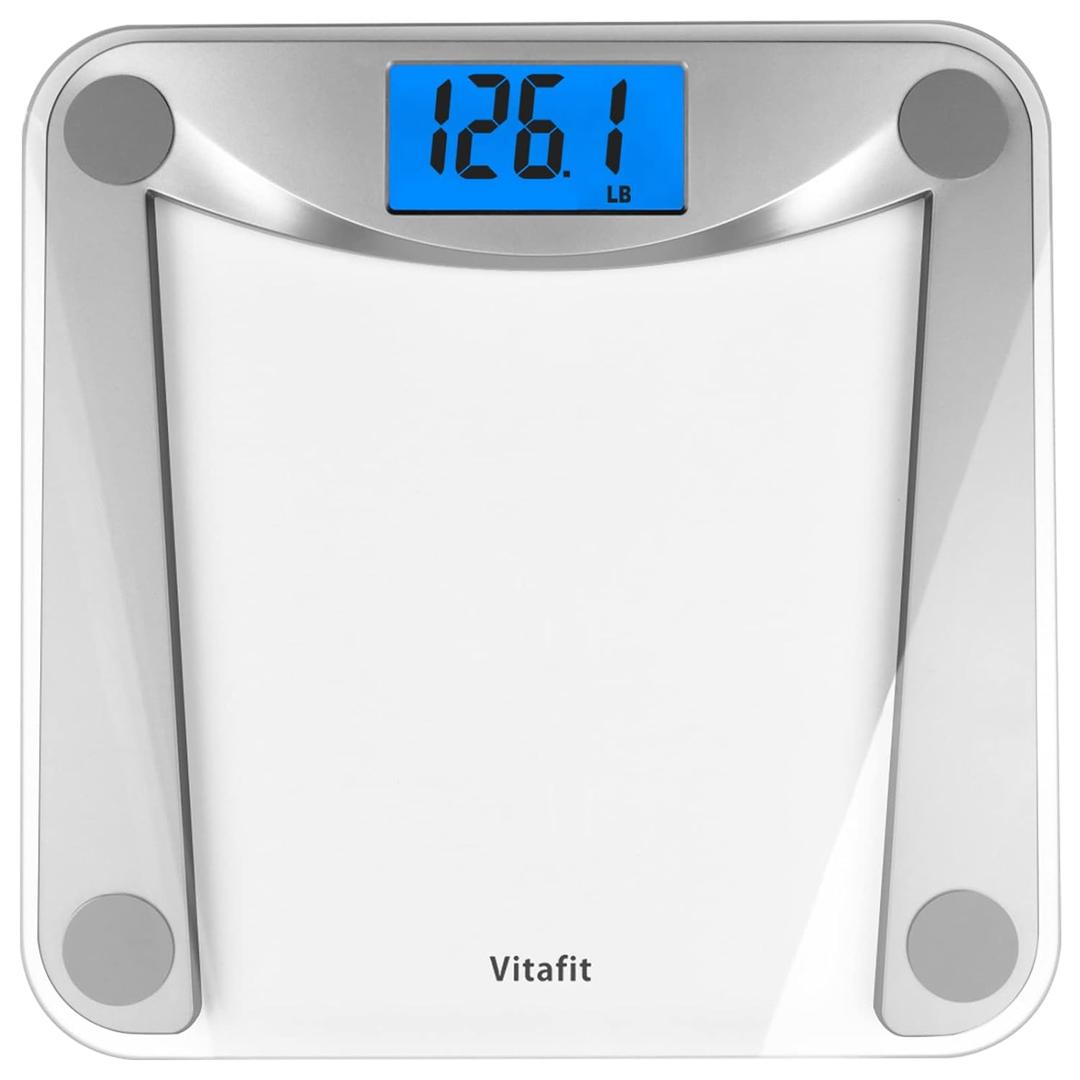 Vitafit Digital Bathroom Weight Scale for Body Weight, High Accuracy Assured by Weighing Professional Since 2001,Extra Large Blue Backlit LCD and Step-On, 400lb/182kg, Clear Glass (Silver)