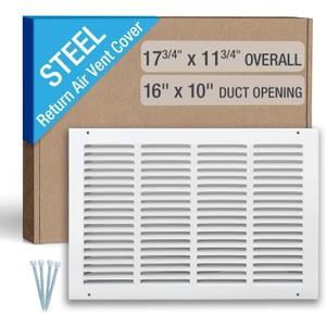16 x 10 Inch (Duct Opening) Return Air Vent Cover, Louvered Steel HVAC Grille for Wall and Ceiling, White Powder-Coated Rust-Resistant Finish, Decorative Design, Easy to Install