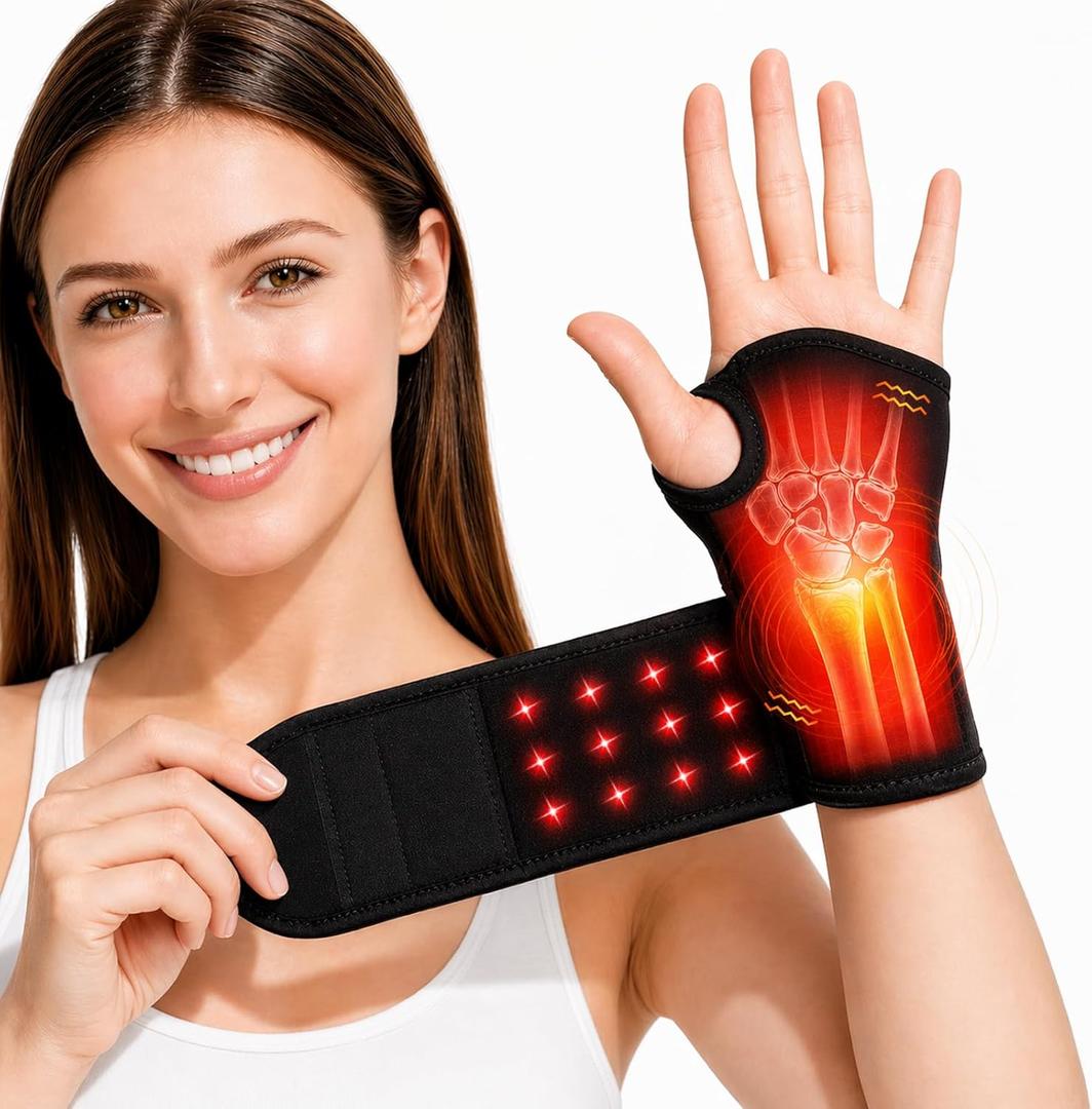 Red Light Therapy for Wrist, Carpal Tunnel Support Device with Heat Vibration, Wrist Massager with 36 LED 660nm/850nm, Cordless Heating Pad Wrap, 3000mAh Rechargeable for Hand Comfort Daily Relaxation