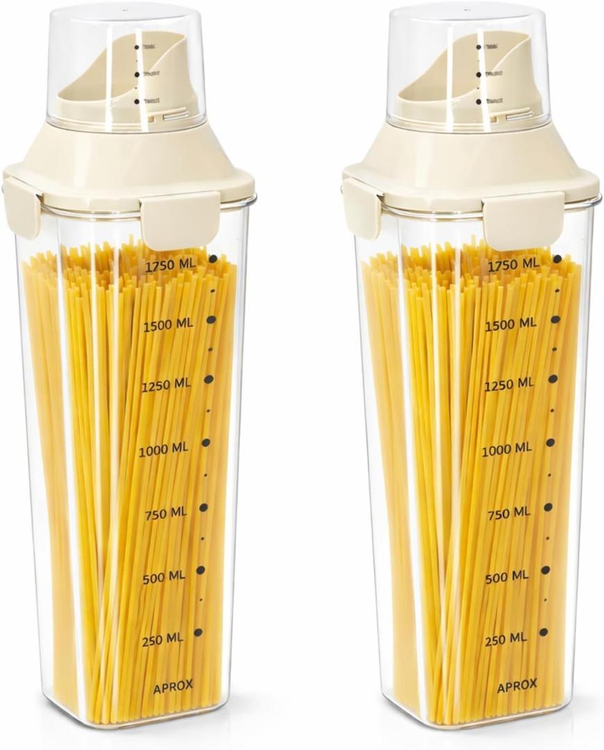 2Pcs Spaghetti Pasta Storage Container with Lids, Tall Clear Plastic Airtight Food Storage Jar, Snap-On Seal Design, Kitchen Pantry Container for Noodles Flour Cereal Coffee Beans, BPA Free 68 oz