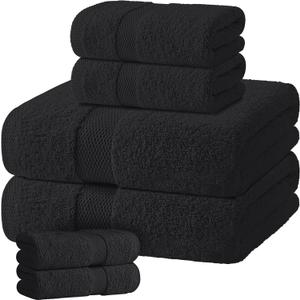 Black Bath Towel Set of 6 - 100% Cotton Highly Absorbent Towels for Bathroom, 2 Luxury Bath Towels 650GSM, 2 Hand Towels, 2 Washcloths